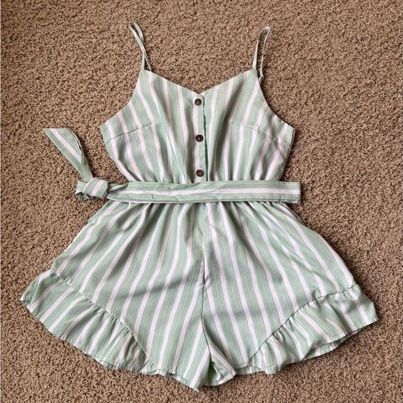 SHEIN Pants - SHEIN Sage Green/White Striped Shorts Romper Button Down Removable Sash Tie
